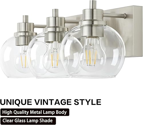 Miniatura 5 de Tuscarora Lámpara de baño, lámpara de tocador de níquel cepillado de 3 luces con pantalla de vidrio transparente, accesorios de iluminación para