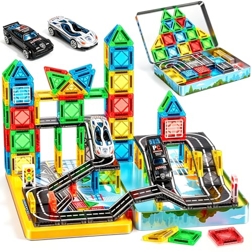 Magnetic Tiles - Road Set City Race Track Travel Building Blocks with 2 Cars & Metal Box Mini Magnet Tiles Outdoor Construction Toys for Boys STEM Sensory Gifts for Toddlers 3-5 4-8 Years Old