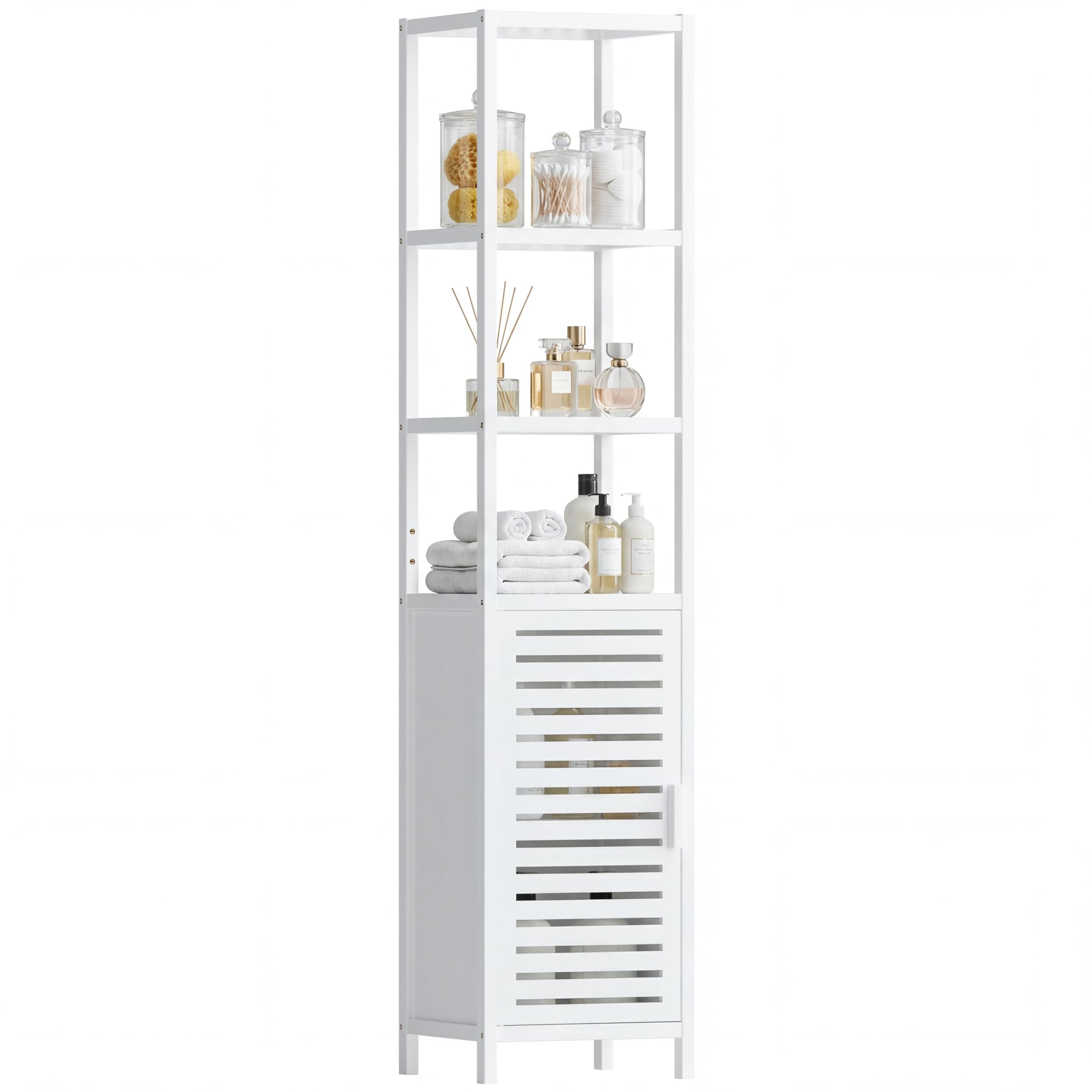 HITNET Mobile da Bagno Bianco, Armadio Colonna bagno in Bambù, Mobiletto da Bagno Salvaspazio con Ripiani Regolabili, per Piccoli Spazi