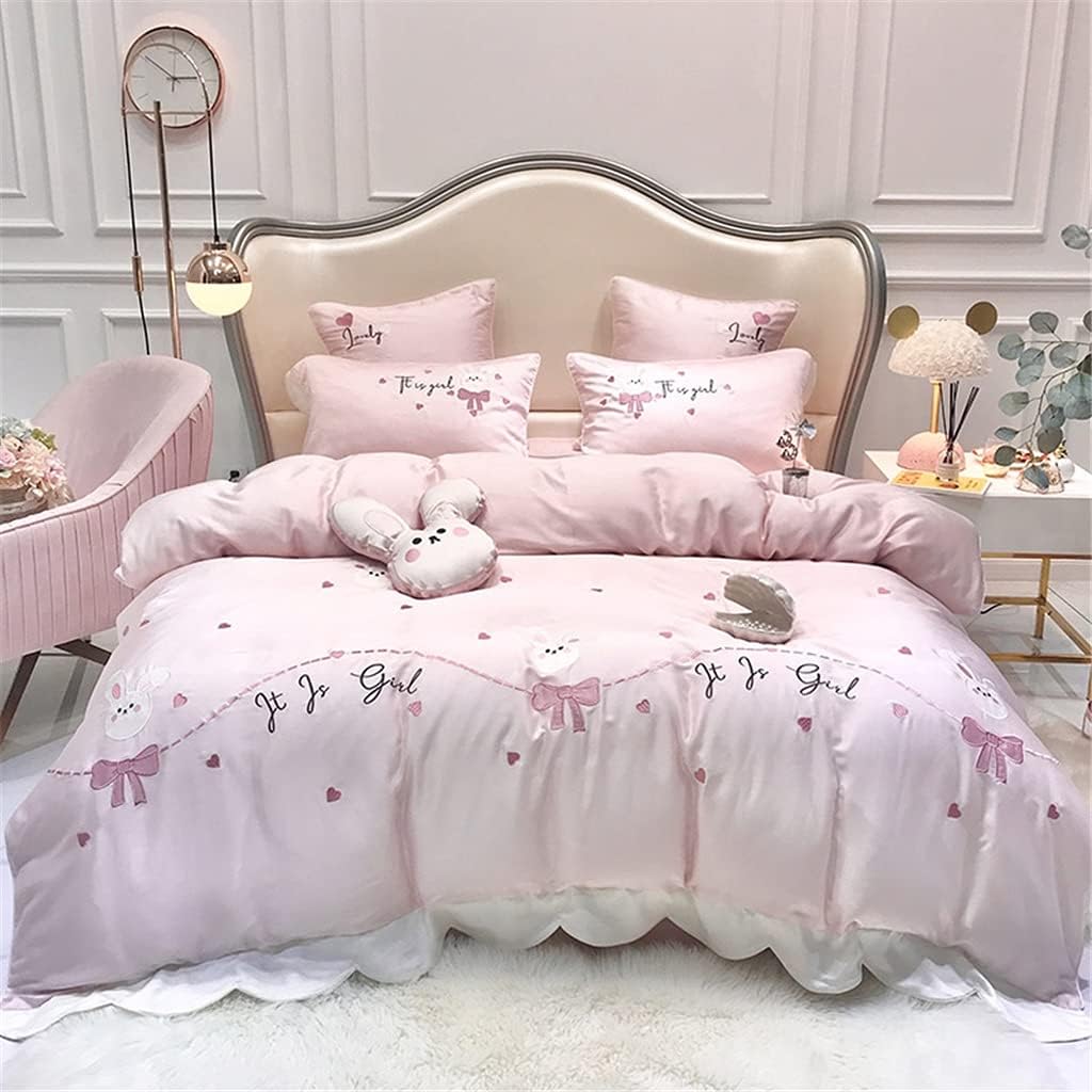Spring and Summer Style 60 Lenzing Tencel Four-Piece Cute Bunny Duvet Cover Silky Nude Bedding (Color : 4-Piece Suit Size : 1.5m) (5 Piece Suit)
