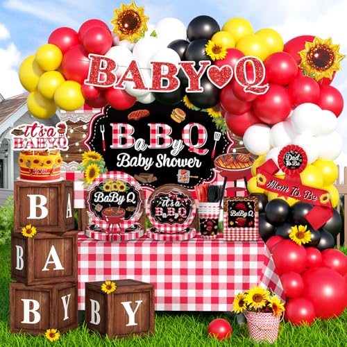 cocomigo 268 PCS Baby Q Baby Shower Decorations Hassle-Free One-Stop Set for 25 Guests With Baby BBQ Shower Banner Balloon Backdrop Tablecloths Plates and Napkins Easy Setup for BBQ Baby Shower