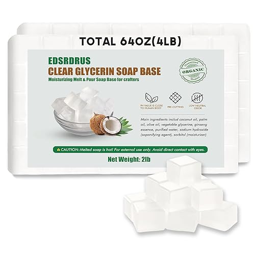 EDSRDRUS Base de jabón de glicerina transparente de 4 libras jabón hecho a mano con glicerina vegetal y aceite de coco base de jabón hidratante para