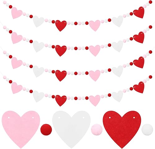 VitalCozy Guirnalda de bolas de fieltro para el día de San Valentín, pancarta de fieltro con forma de corazón, decoración romántica de San Valentín,