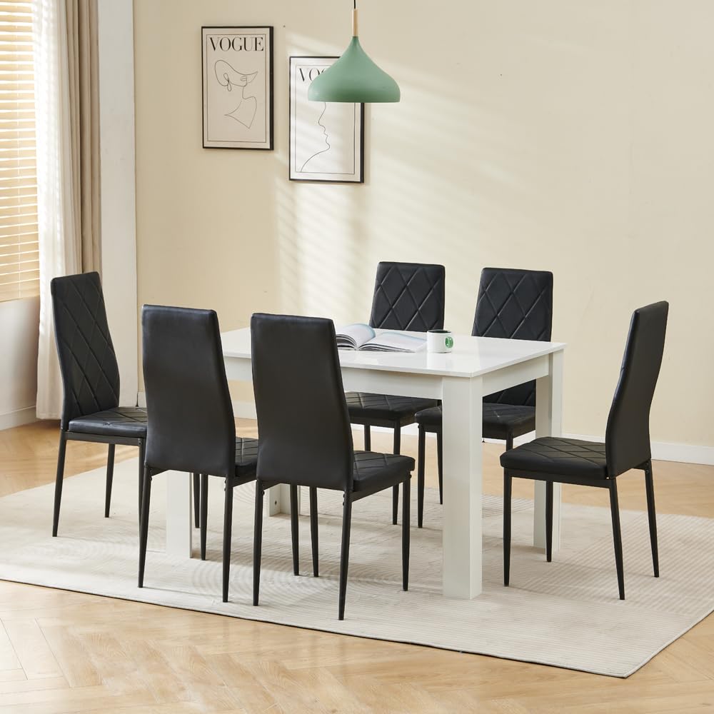 Menaka Wood Dining Table and Chairs Set of 6, Small Rectangular Kitchen Dinner Table with 6 Seaters (Argyle Grid Black Leather Chairs, 120m high gloss white table, 6 seaters)