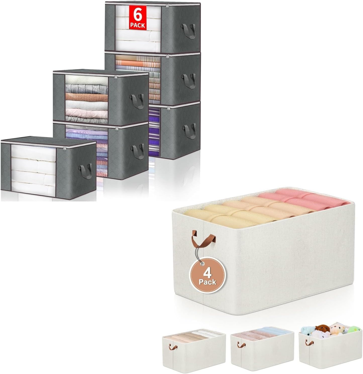 6 Pack 60L Clothes Storage Bags+4 Pack Large Storage Baskets for Shelves 15.7 x 11 x 11 Inch, Foldable Closet Organizers and Storage Bins Storage Cubes with Handles for Clothing, Blanket, Comforter