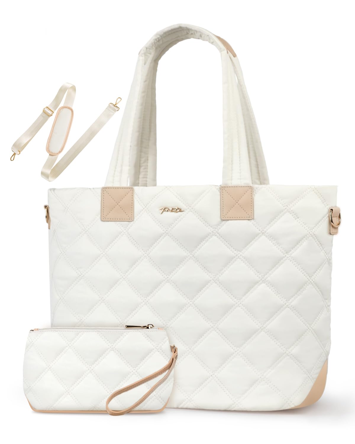 Prite Tote Bag for Women Lightweight Puffer Tote with Compartment Quilted Work Bag(Beige)