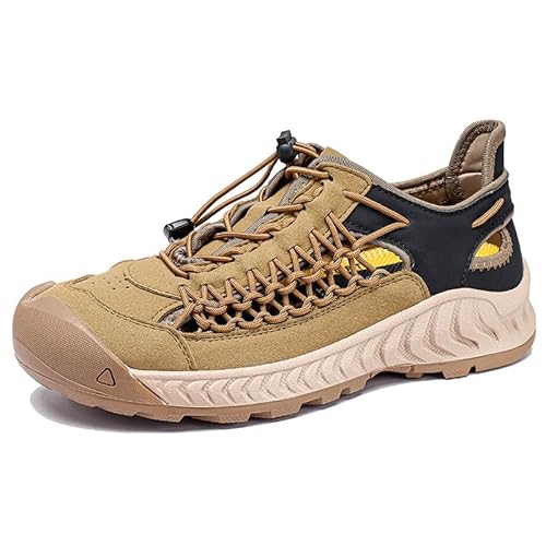 Image of Cibenf Unisex Mesh & Leather Hiking Shoes - Breathable Lightweight Slip-On Non-Slip Sneakers, Summer Outdoor Walking & Driving Shoes (Khaki,10)