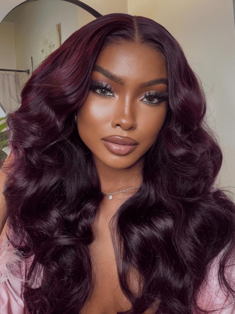 UNICE Black Cherry Body Wave 13x4 Lace Front Drawstring Wigs Human Hair with Face Framing Bangs Pre Everything Glueless Wig Human Hair Pre Plucked Pre Cut Bleached Knots for Women 24 inch