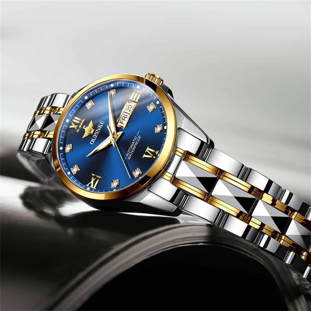 OLEVS Automatic Womens Watch Blue Two Tone Date Watches Mechanical Calendar Watches Diamond Fashion Waterproof Female Wrist Watch - Image 6