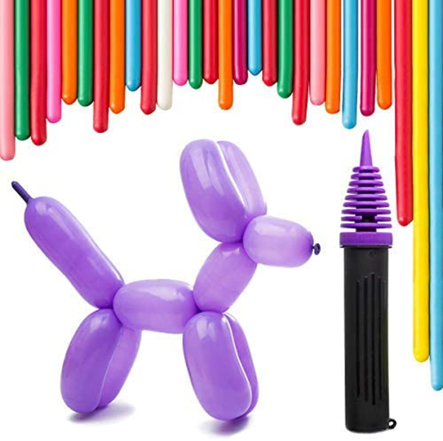 KASTWAVE 100Pcs DIY Twisting Balloons with Hand Pump - Double Action Pump for Sculpting Balloon Animals. Premium Balloons, Birthdays Wedding Anniversaries Party Decorations Multicolor, Risk-Free