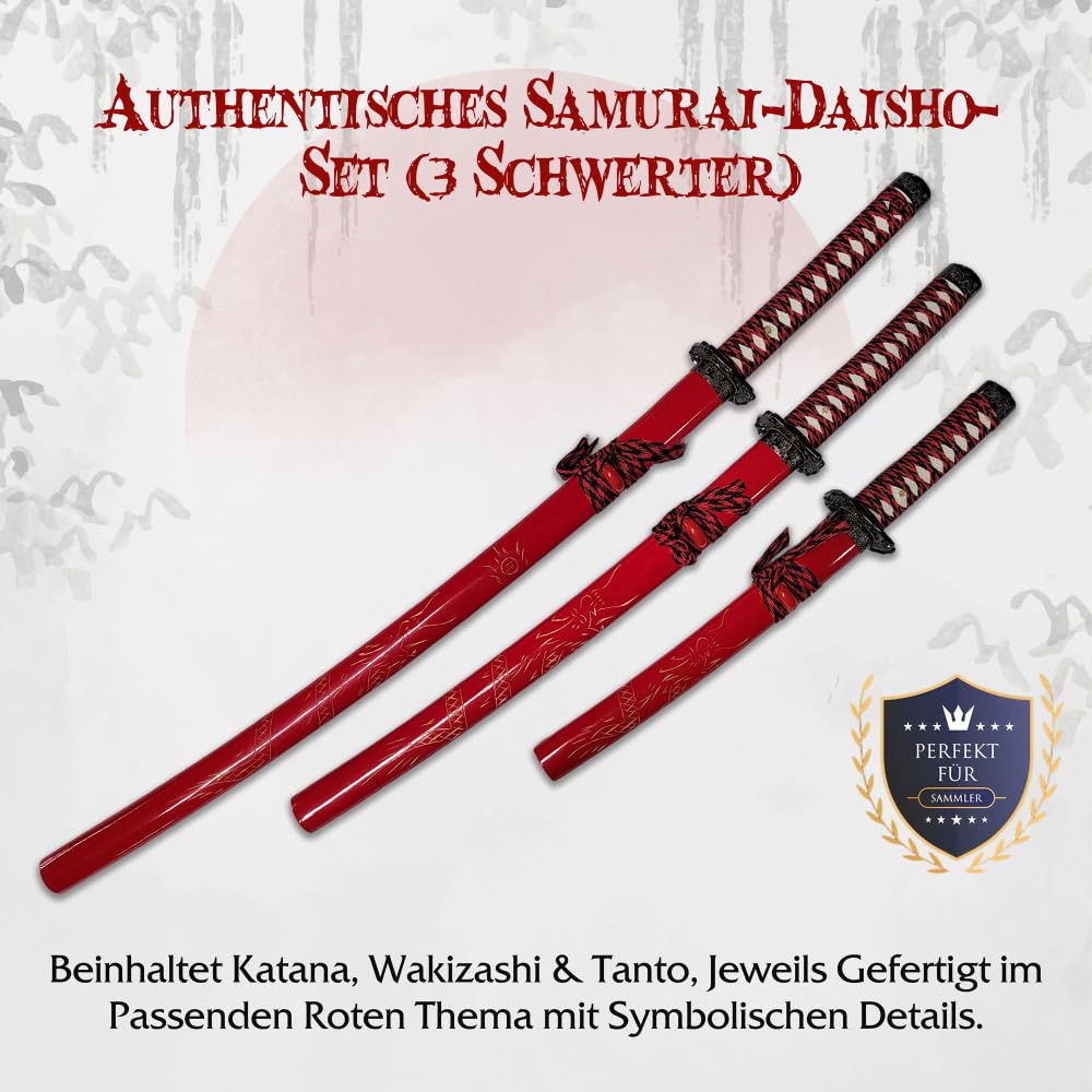 Handgeschmiedetes Samurai Schwert Set Rot (3-teilig) | Katana, Wakizashi & Tanto aus 1050 Kohlenstoffstahl | Inkl. Ständer & Pflegeset | Traditionelles Daisho für Sammler