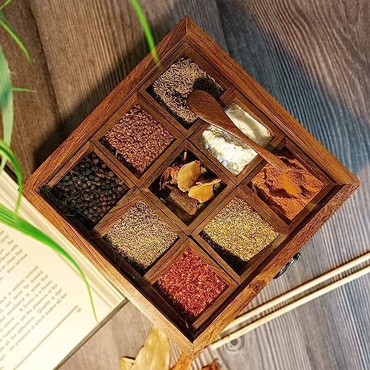 Shan Handicrafts 9 in 1 Masala Box For Kitchen Wooden Masala Box