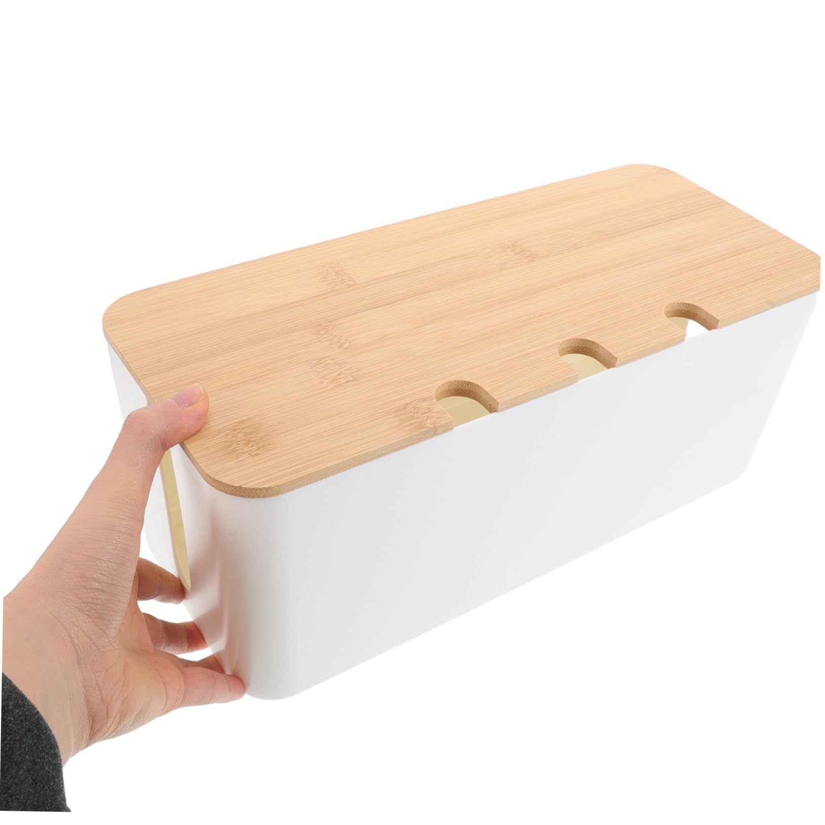Caja de Gestión de Cables de Plástico con Orificios y Tapa de Madera | 1 Juego, Diseño Multifuncional para Oficina y Hogar, Acceso Cómodo al Cableado, Organiza Varios Dispositivos