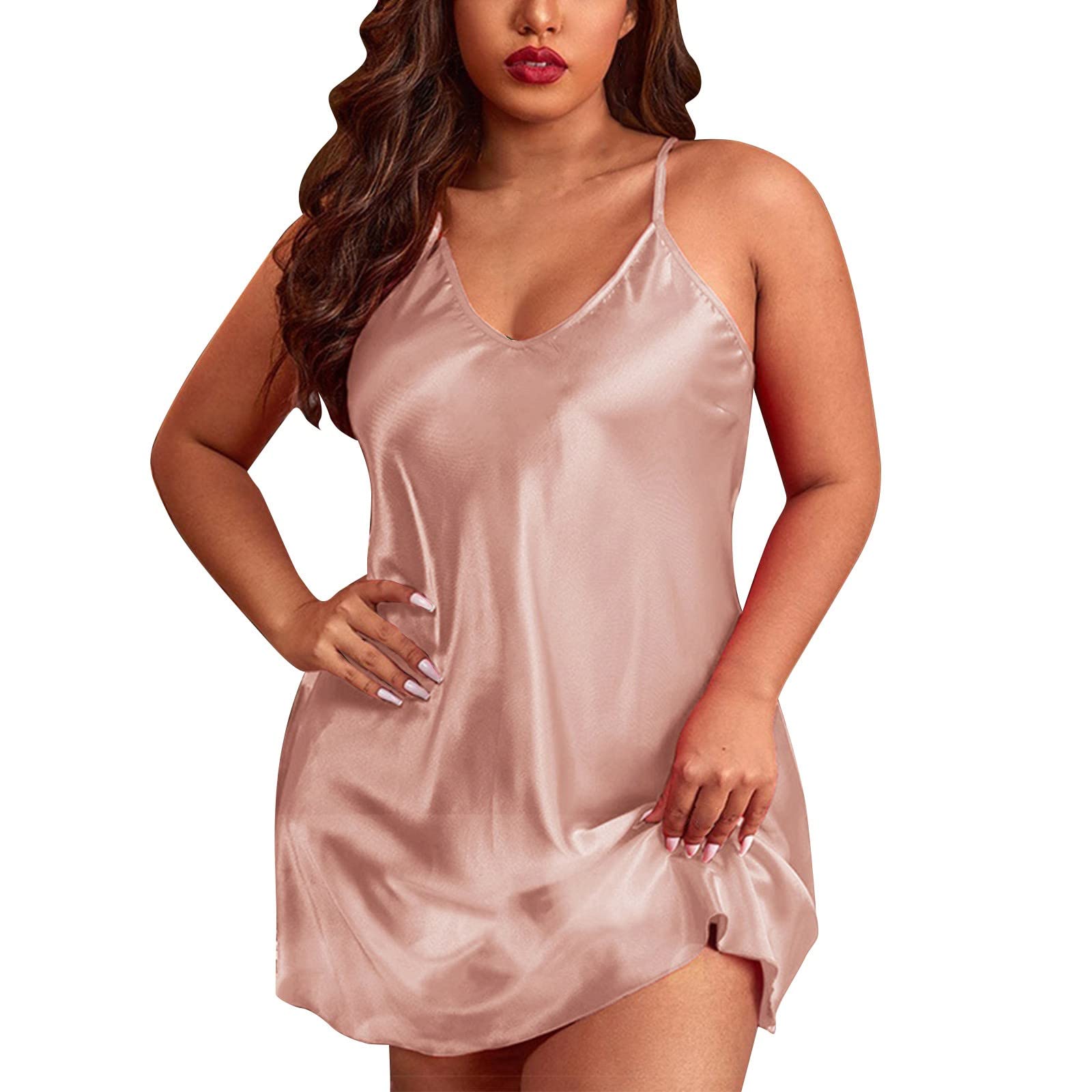 Générique Nuisette Femme Sexy Satin Sensuelle Chemise De Nuit Col en V Grande Taille Légère Robe De Chambre Bretelles Reglables Babydoll Lingerie Vêtements D'intérieur D'été Couleur Unie Sleepwear