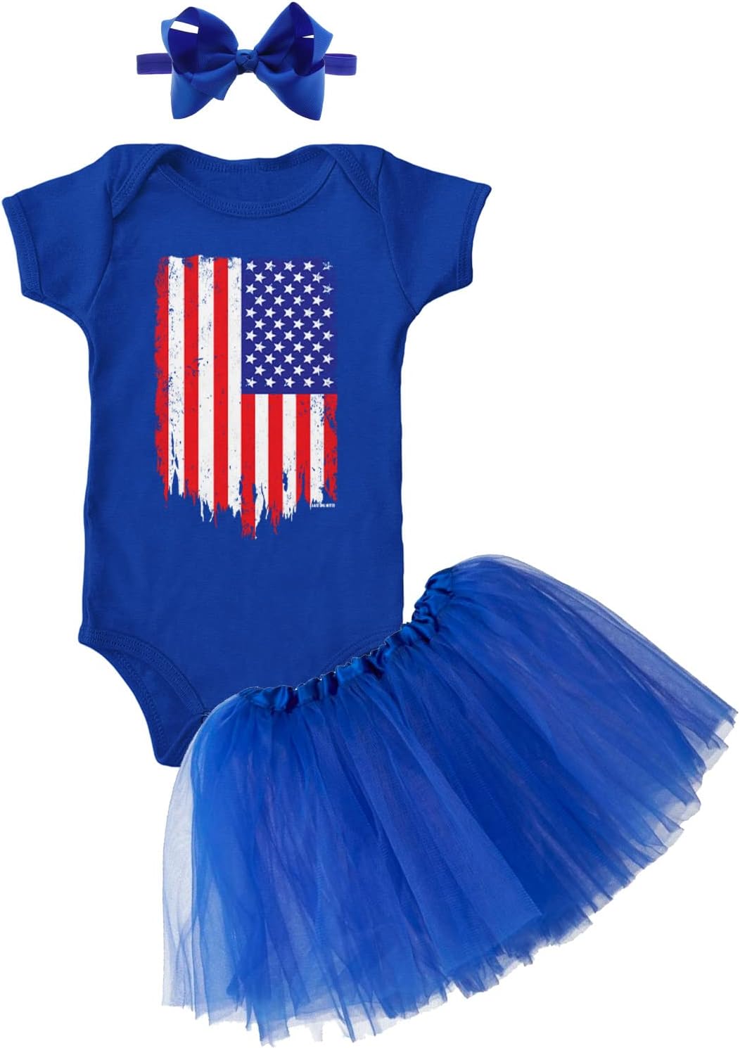 Distressed American Flag - USA Pride Baby Bodysuit + Tutu Skirt + Bow Headband Set