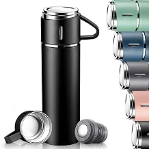 Insulated Flask 500 ml, Stainless Steel Insulated Flask with Cup and Waterproof Lid, Insulated Travel Mug for Coffee, Tea, Hot or Cold Drinks, Insulated Cup for Children, Hiking (Black)