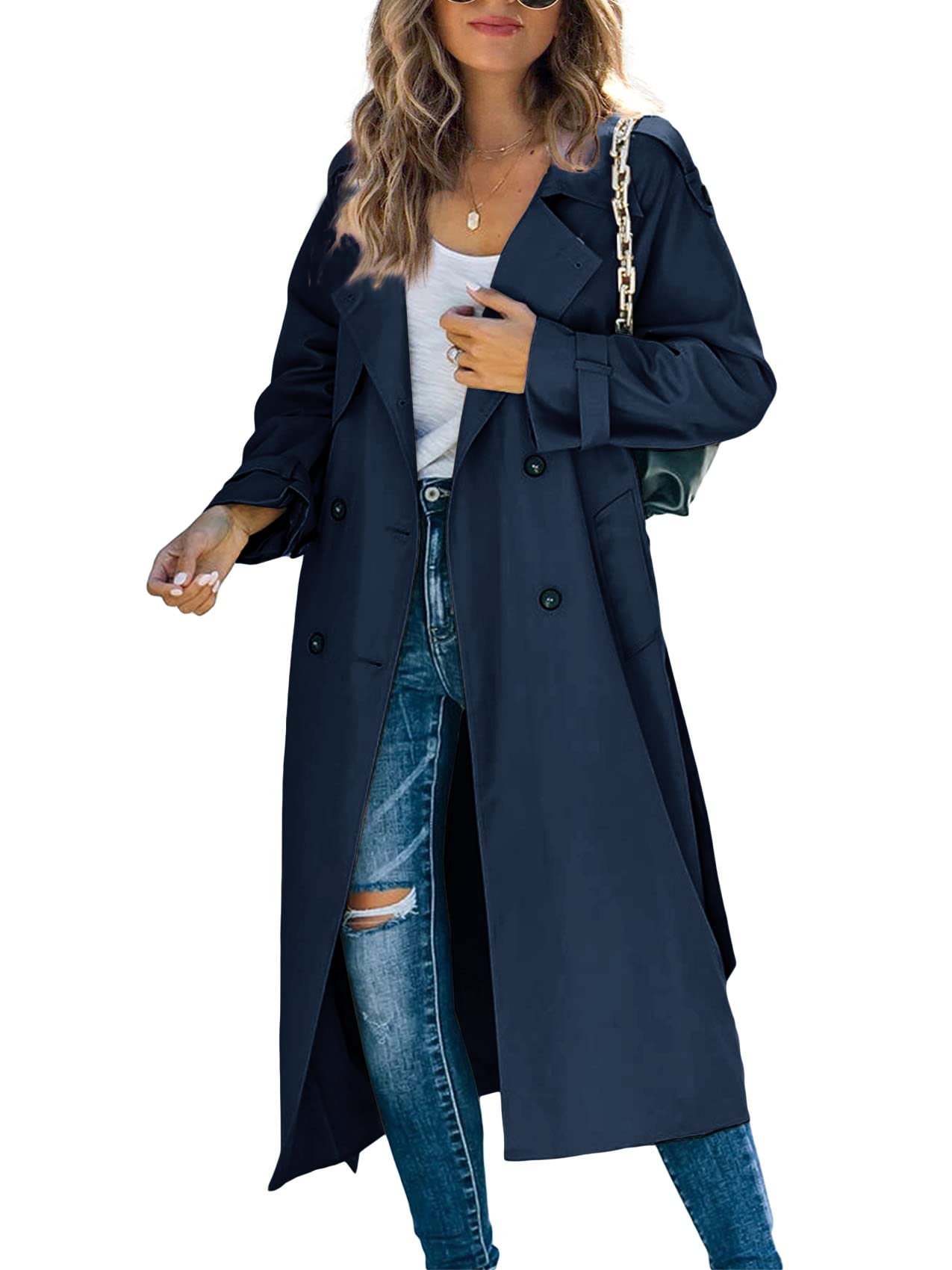 Womens Long Trench Coat Double Breasted Windproof Overcoat With Belt