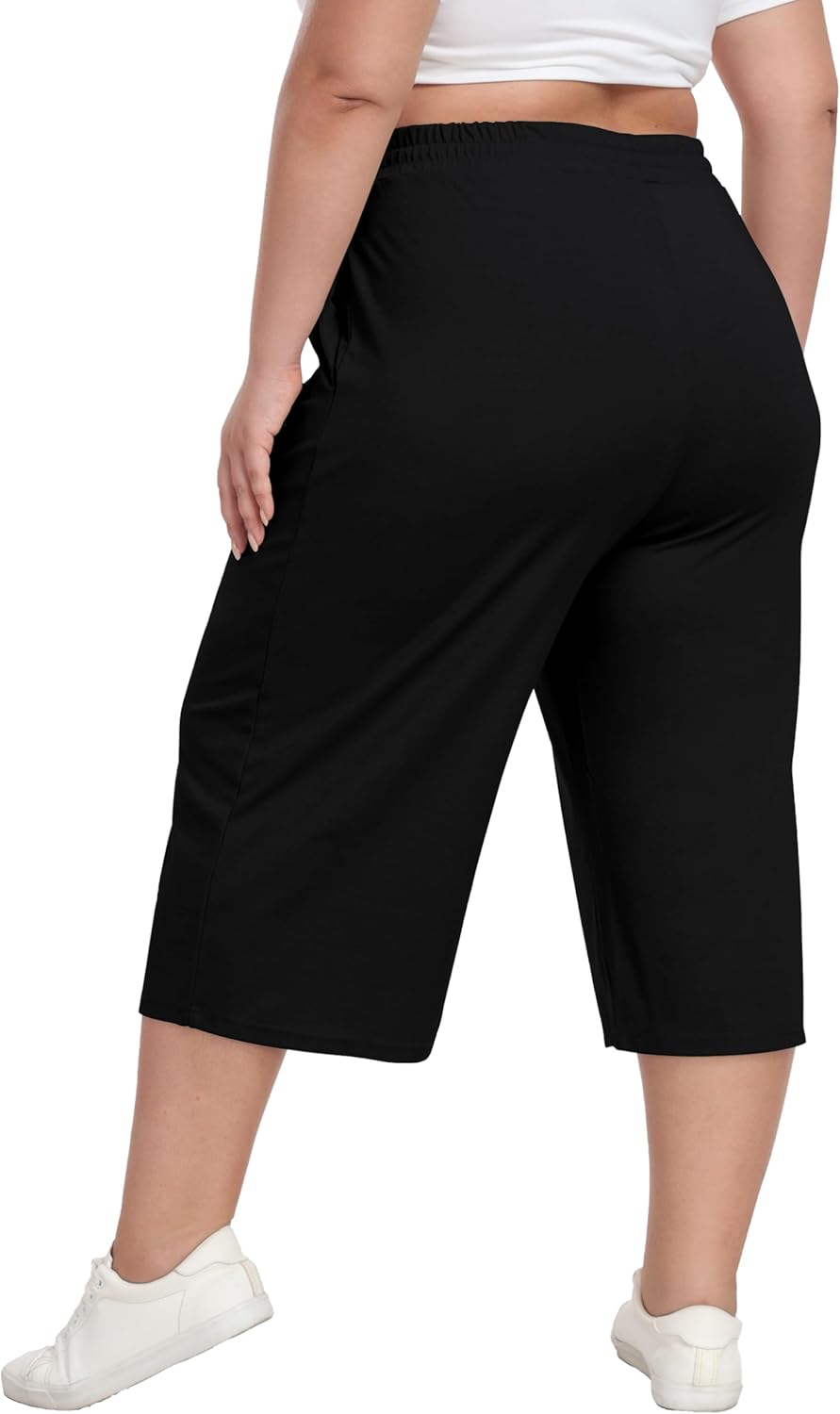 Cheapestbuy Women's Plus Size Capris Wide Leg Crop Casual Pants Comfy Summer Pants with Pockets Drawstring - Image 3