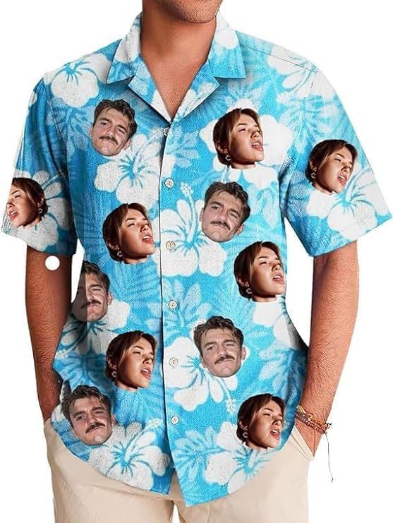 Genérico Camisa Hawaiana Cara Personalizada con Cara Divertida, Camisas Hombres con Manga Corta, Tropical Verano Playa Vacaciones