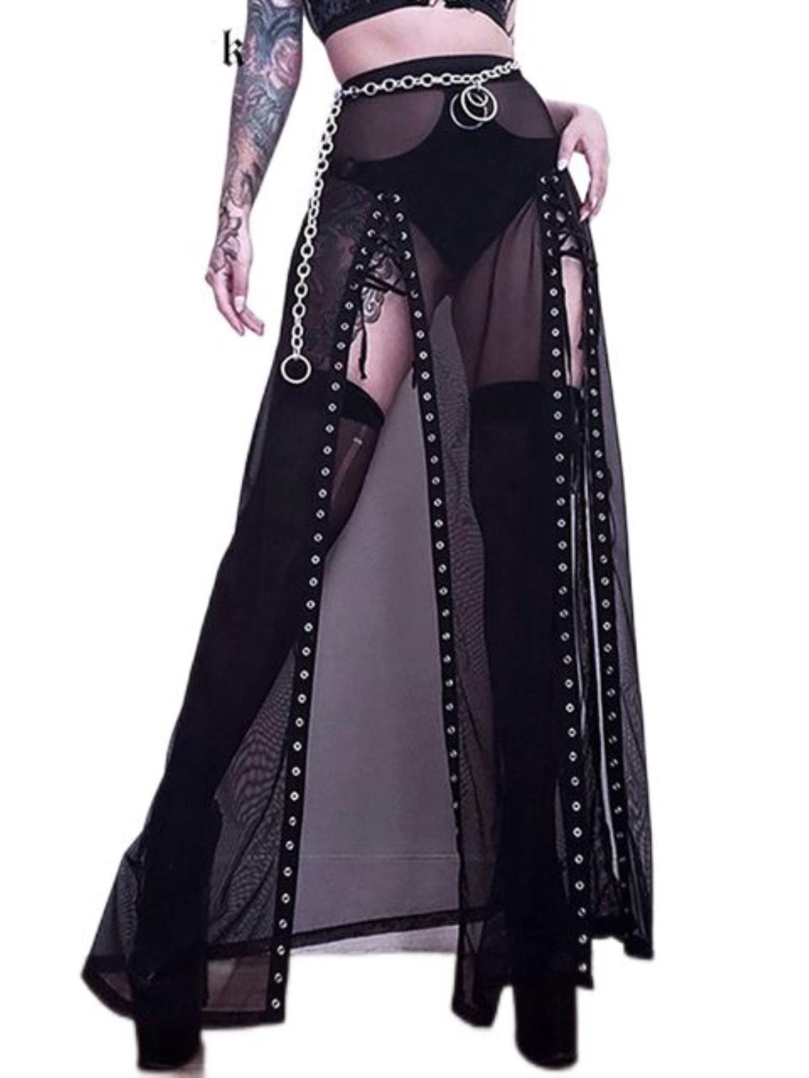 Wszjln Women's Black Goth Dark Punk Gothic Mesh High Split Midi Skirts High Waist Night Long Skirt See Through Partywear