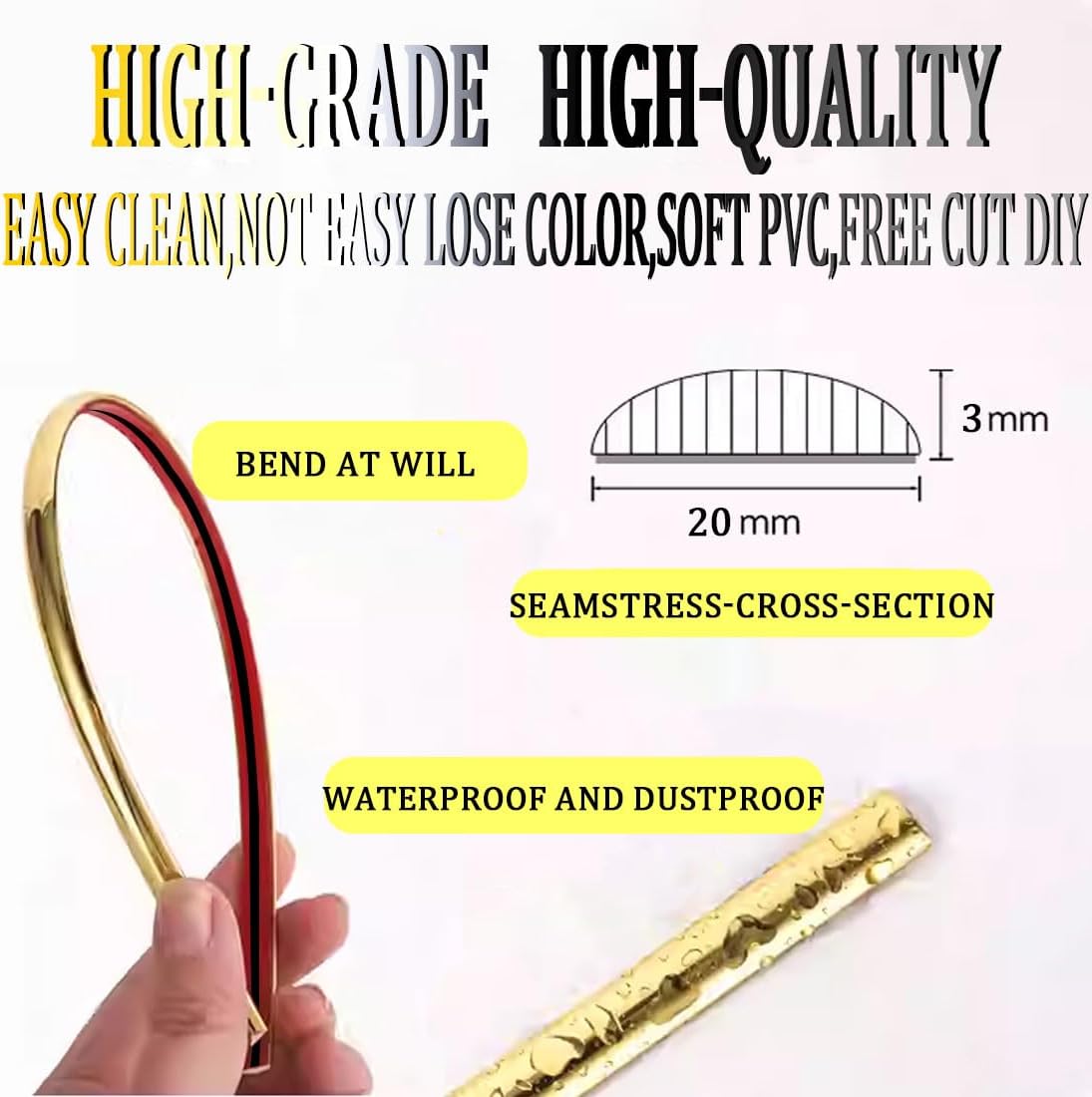 Gold Self Adhesive 3d Wall Edging Strip Peel and Stick Trim Seam Wall Sticker Decor Tape Decorative for Ceiling/Corner/Mirror/Furniture/Door/Wardrobe/Home and Auto Decor (2CM*5M/0.78IN*16.4FT)