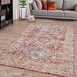 STANDARD 100 by OEKO-TEX TT Home Alfombra Salón Pelo Corto con Diseño Marroquí Vintage con Ribete, Color:Rojo, Tamaño:60x100 cm