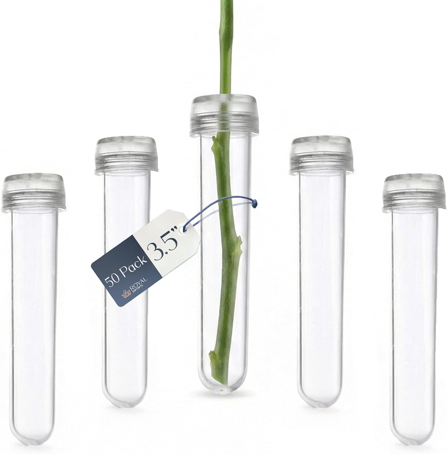 Royal Imports Floral Water Tubes with Caps – 3.5" Clear Plastic Flower Vials for Single Stem Roses, Buds, Bouquets – Standard Style, 1/2" Opening – 50 Pack