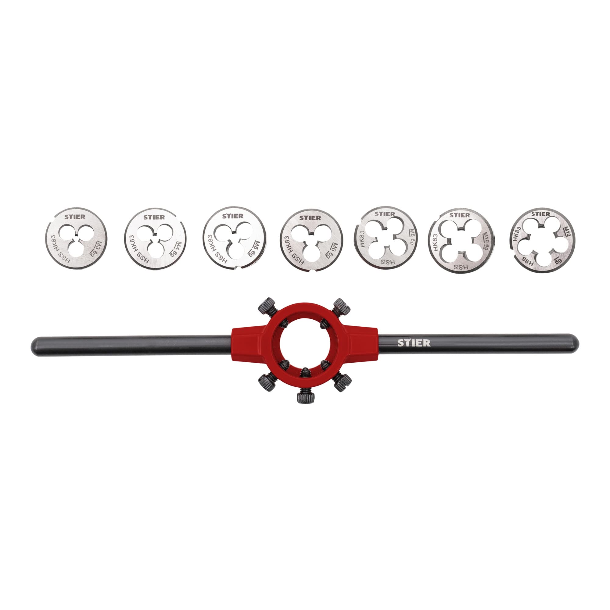 STIER Schneideisen-Satz HSS 25x9 M3-M12 8-tlg. – mit ZAMAK-5, Form B