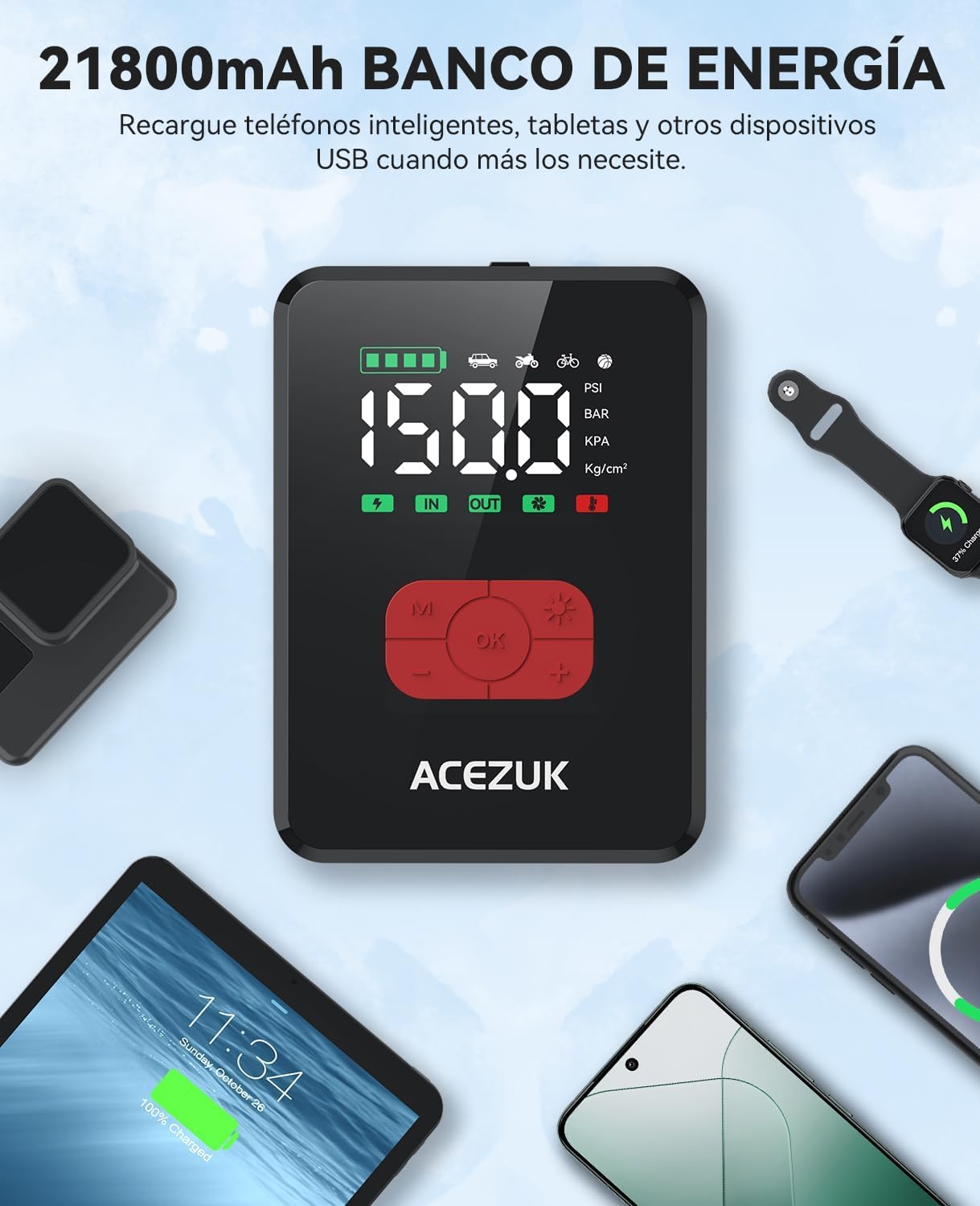 ACEZUK 7000A Arrancador de Baterias de Coche con 150PSI Compresor de Aire, Arrancador Coche Portatil con Inflador(Todo Gas o 12.0L Diésel), 12V Jump Starter, Pantalla Grande LCD, 600 Lúmenes LED