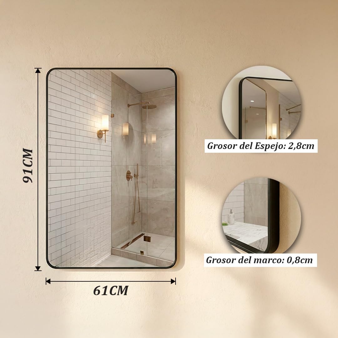 Marctani Espejo Pared Rectangular con Marco de Aluminio Negro, Espejos Decorativos de Pared Biforma (Vertical/Horizontal), Cristal HD de 2.8cm para Baño, Salón o Dormitorio — view 3
