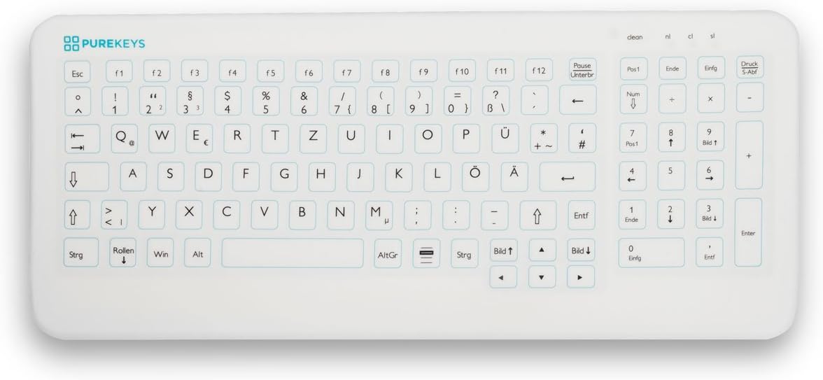 PUREKEYS – professional medical keyboard, compact version, hygiene keyboard for medical areas smooth surface, wipe-clean, disinfectable, wipe-clean, wipeable, wipeable, wipe-clean corded IP 66 QWERTZ quick hygienic cleaning and disinfection between use with all common disinfectants