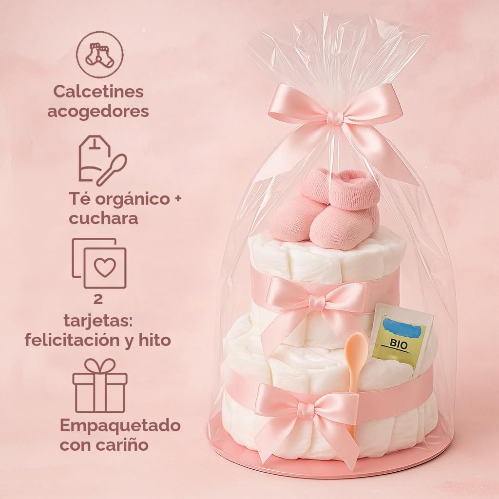 Tarta de pañales para niña de 2 pisos en color rosa con calcetines para bebé, regalos de nacimiento para la madre, bautizo o fiesta de bebé – Idea de regalo con pañales recién nacidos – Incluye