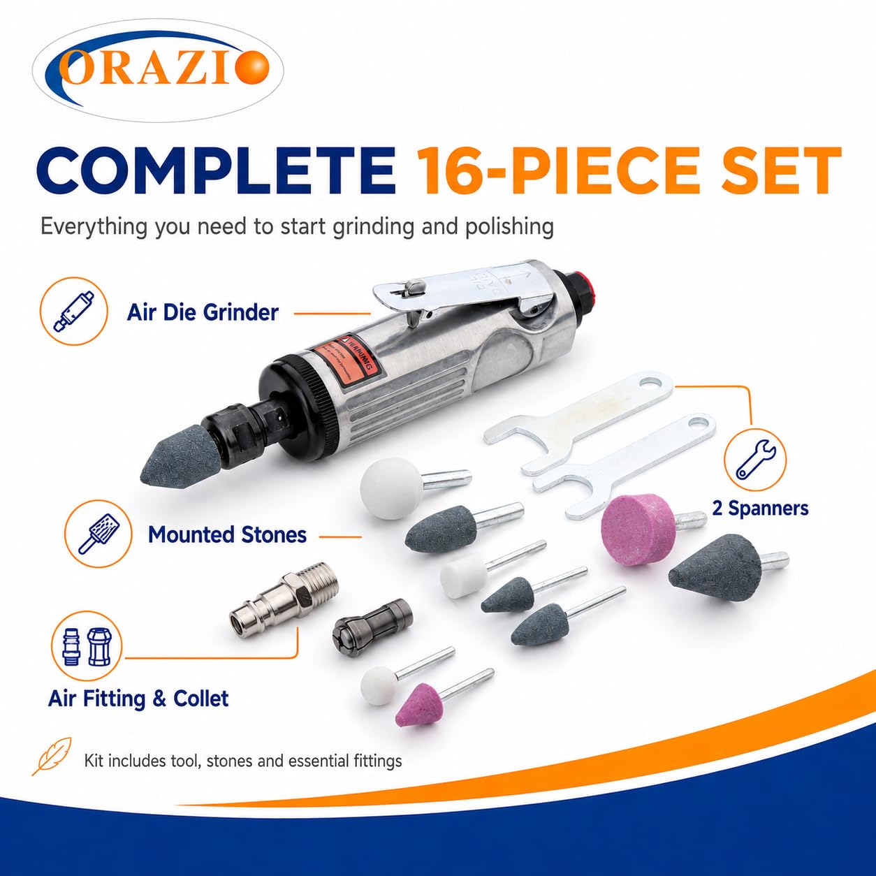 ORAZIO 212505B - Kit per smerigliatrice pneumatica, mini smerigliatrice dritta per riparazione pneumatici e altre applicazioni, con accessori da 3 mm e 6 mm, 16 pezzi