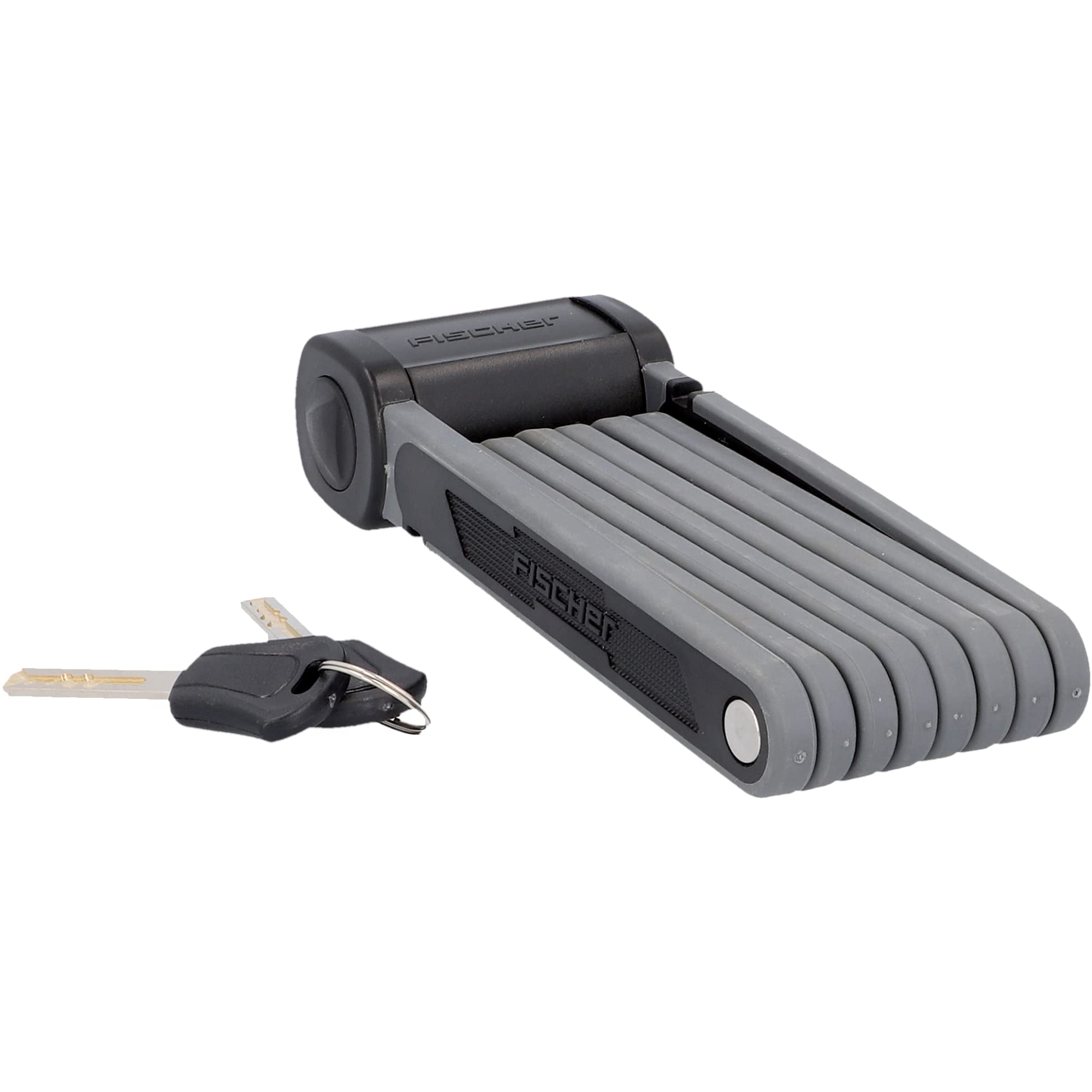 FISCHER Soft Touch PROTEC FKS110 - Lucchetto pieghevole per bicicletta, con chiave, aste rivestite in plastica, con supporto e nastri in velcro antiscivolo, lunghezza 110 cm, colore: Nero