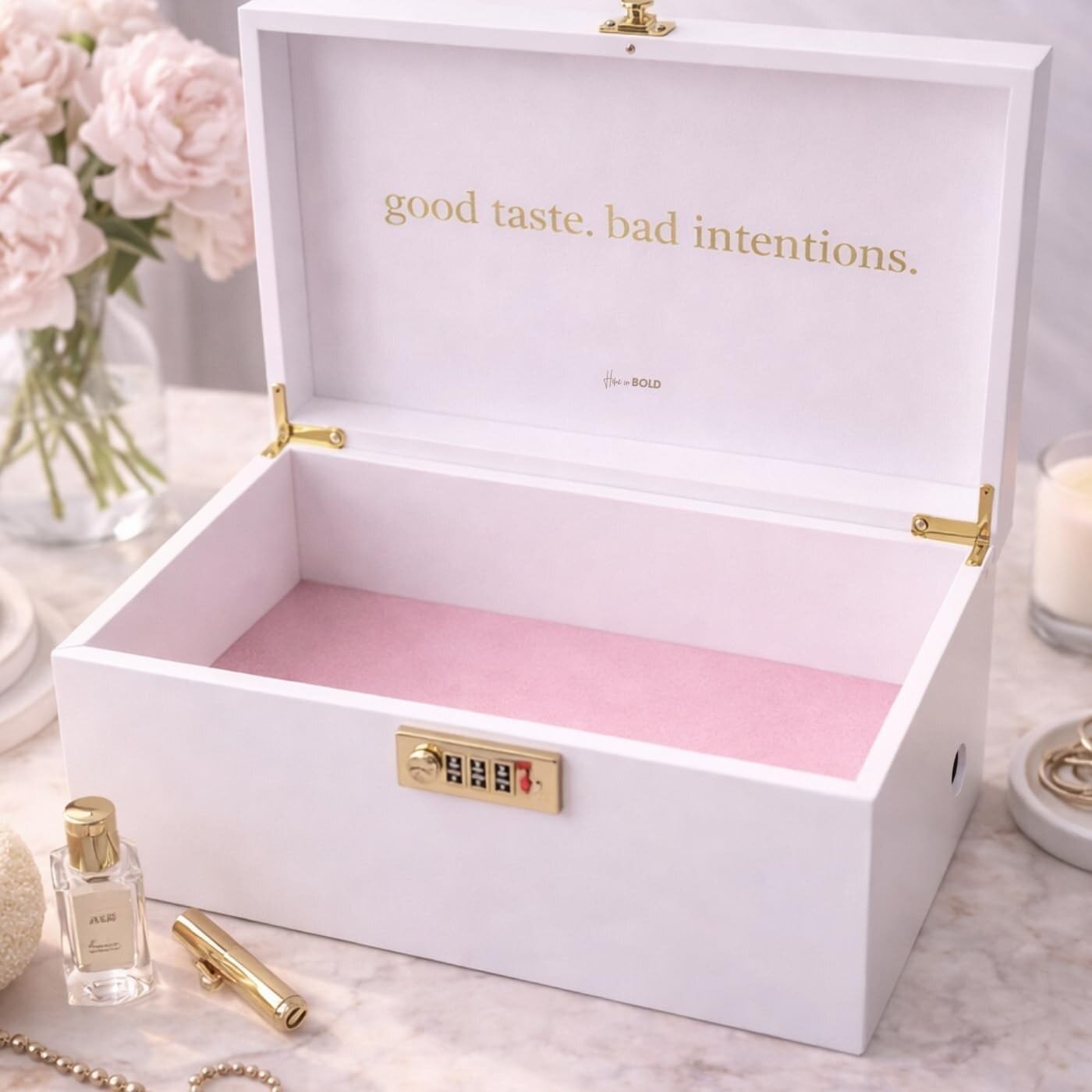 Lockable Sex Storage Box with Code Lock (18.5 x 9.53 x 7.2 in) – Premium Wooden Sex Toy Lock Box with Charging Hole – “Good Taste, Bad Intentions” (Black)