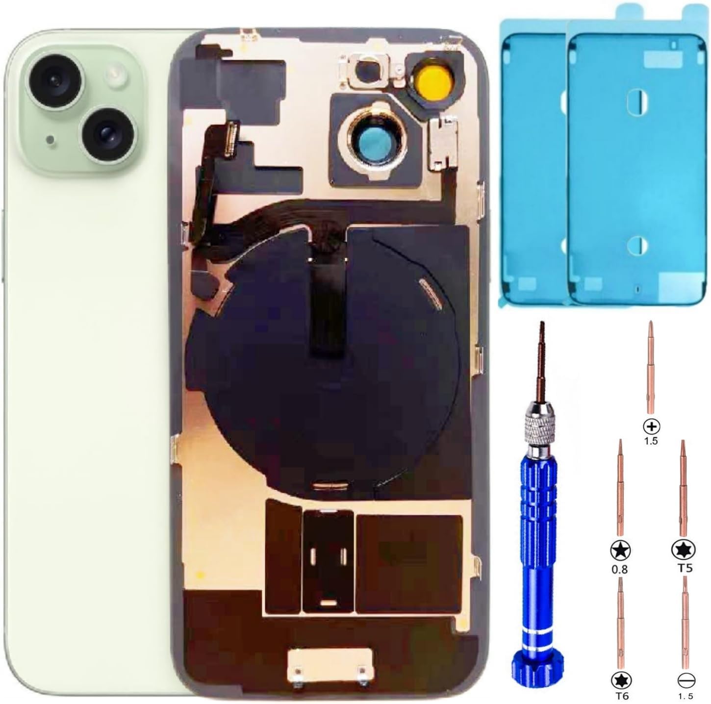 15 Back Glass Replacement Kit with Plate & Flex Cable and All Parts, Green, 6.1 Inch for iPhone 15 Back Cover Glass, with Repair Tools (Green)