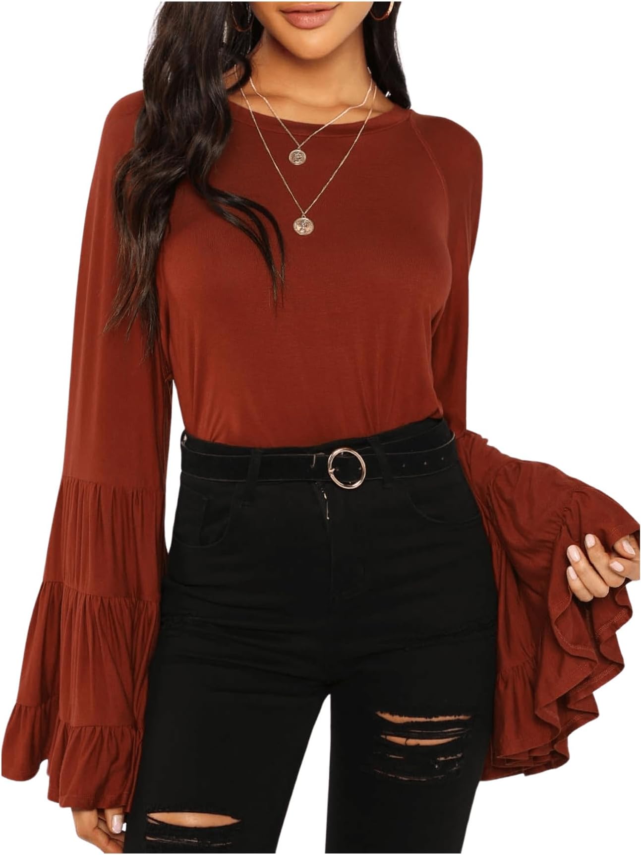 Floerns Women's 70s Western Flowy Bell Sleeve Blouse Tops Shirts