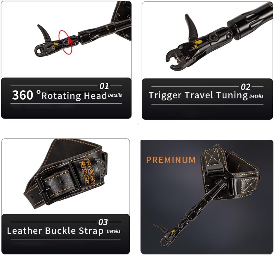 Adjustable Archery Bow Release, Preminum Archery Compound Bow Release with 360° Rotating Head, 360° Swiveling Arm, Trigger Travel Tuning