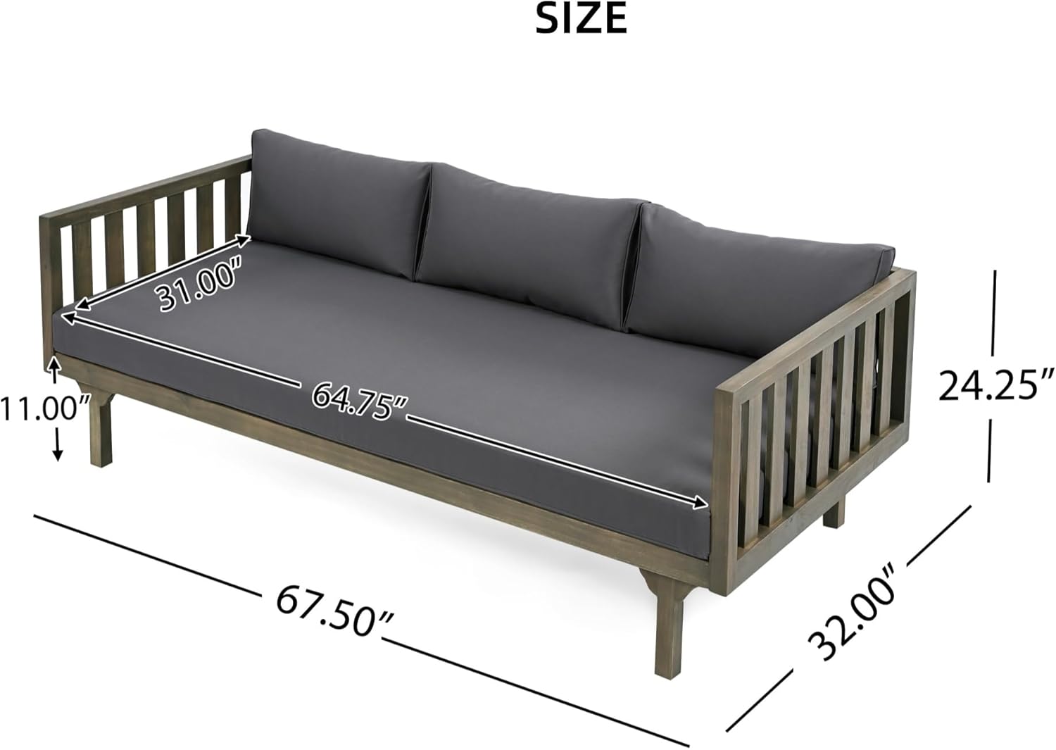 Merax Outdoor 3 Seater Daybed, Acacia Wood Day Bed Couch Sofa with Cushions for Patio Backyard, Garden, Dark Grey