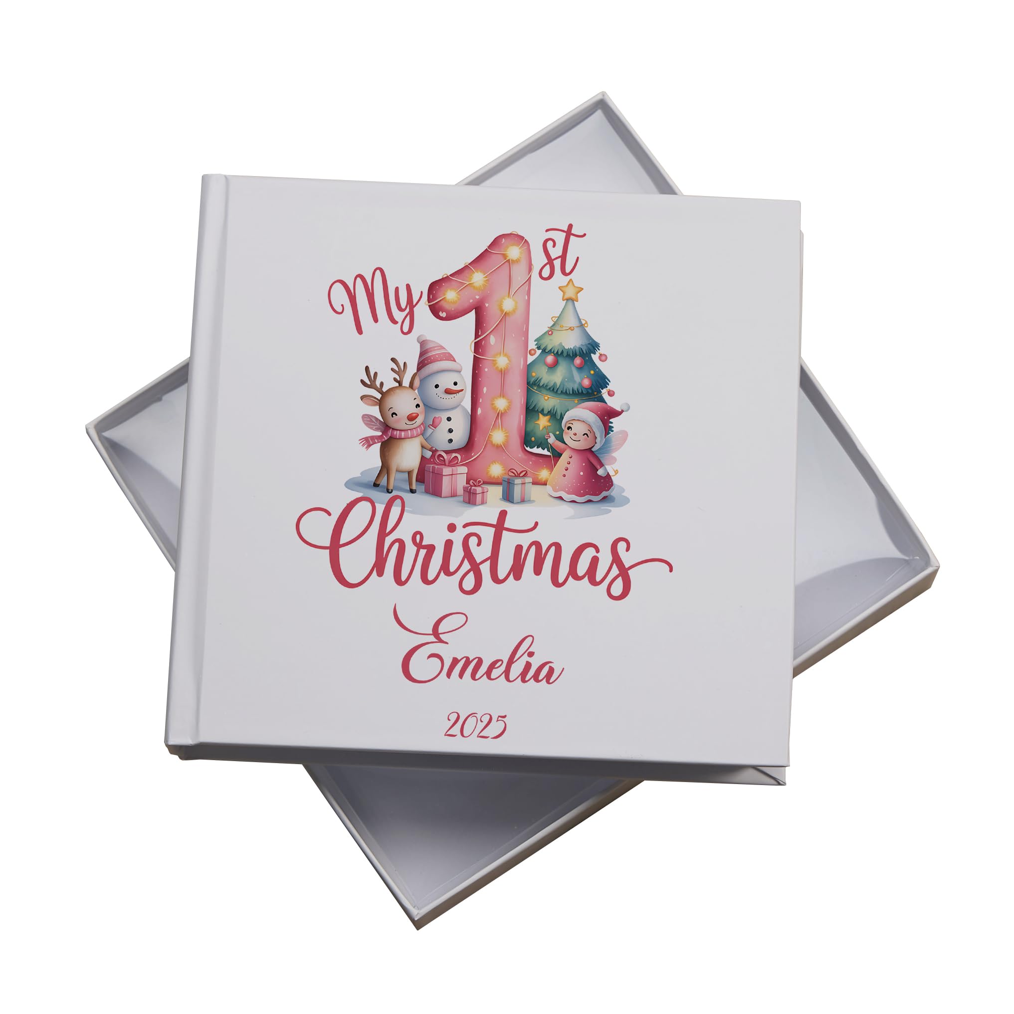 Personalised First Christmas Baby Photo Album, 18.5 x 19.5 cm, Gift Boxed, 50 Photo Capacity, Customisable Name and Year (Baby Girl With Reindeer) ALBP-44