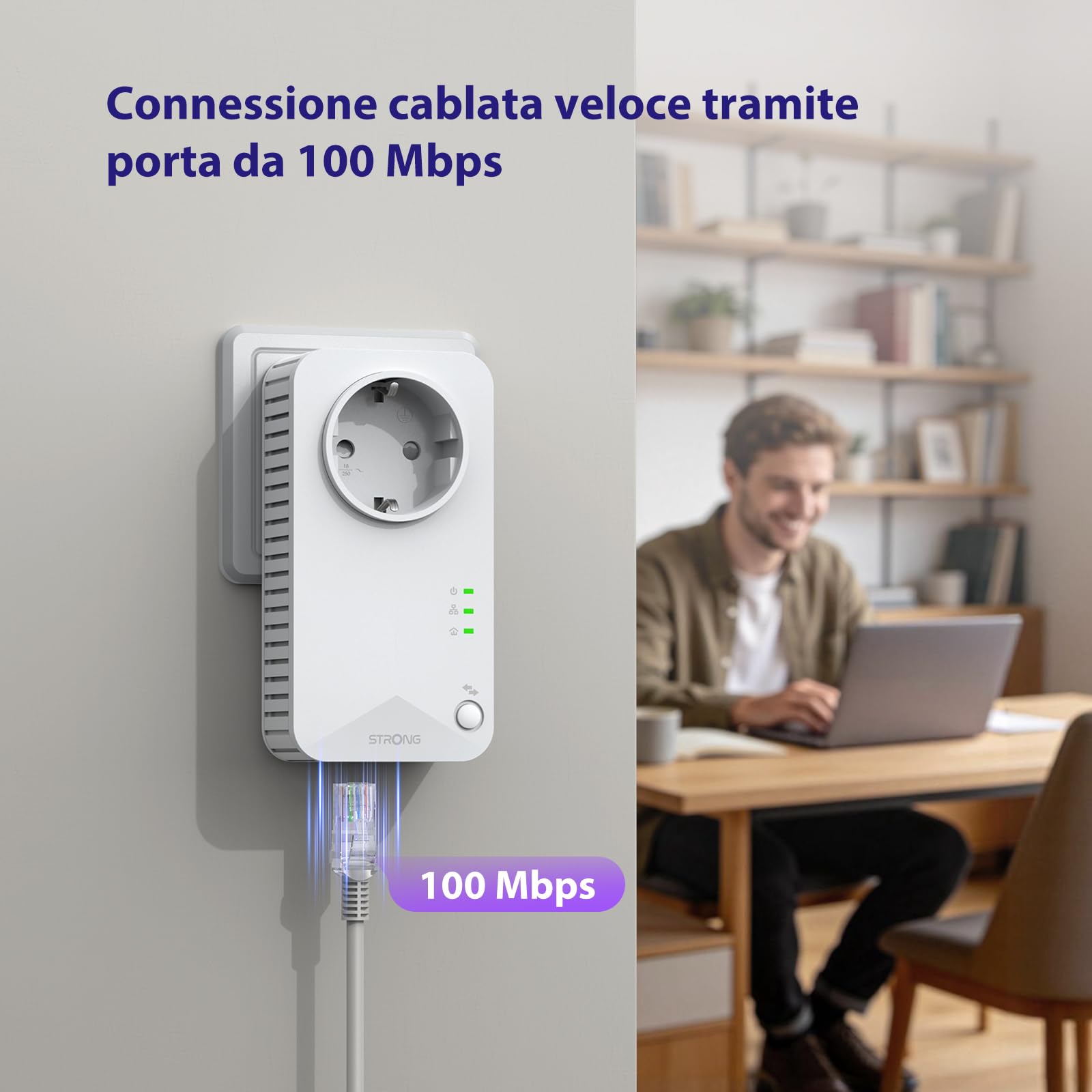 STRONG AV600 Kit Powerline con Pass-Through, WiFi 300Mbps, Presa Integrata, Ripetitore Powerline WiFi HomePlug AV2, Plug & Play, Modalità Risparmio Energetico, Port LAN 100Mbps (POWERLWF600DUOEUV2)