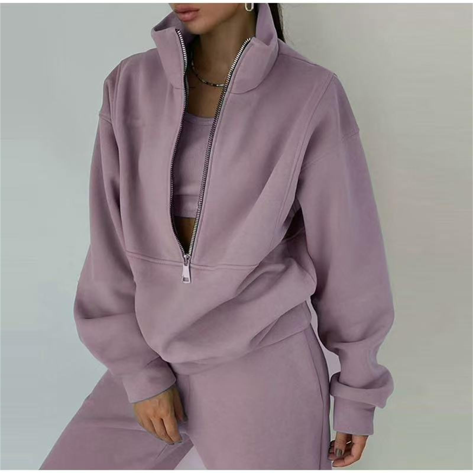 Damskie 2-częściowe stroje luźna polarowa dzianinowa bluza z zamkiem do połowy sweter bluza joggery spodnie dres zestaw
