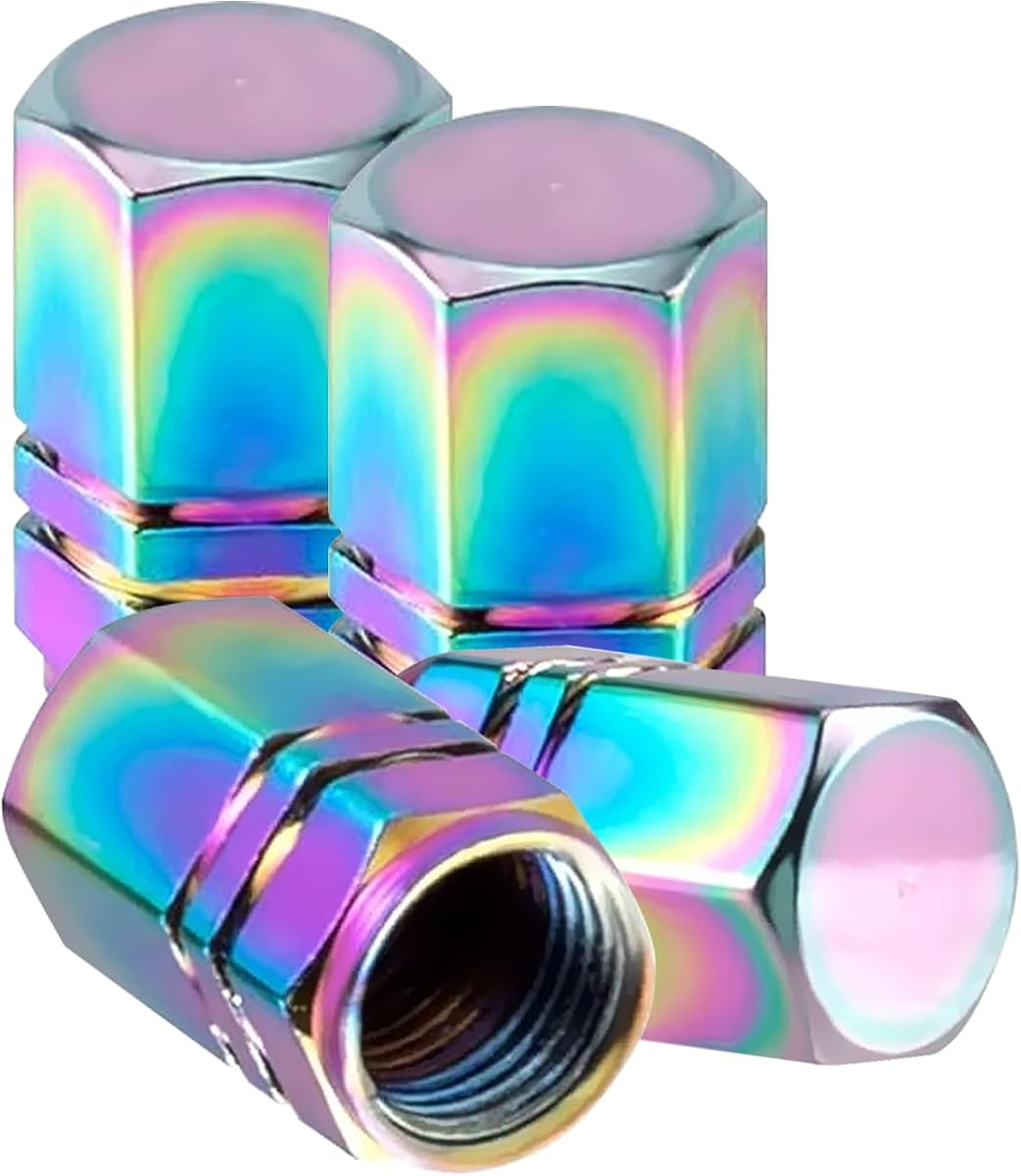 Alpmosn Colorful Aluminum Tire Stem Valve Caps Wheel Valve Covers Car Dustproof Tire Cap Cover Accessories, Universal for SUV, Car, Bike and Motorcycle，Hexagon Shape (4PCS)
