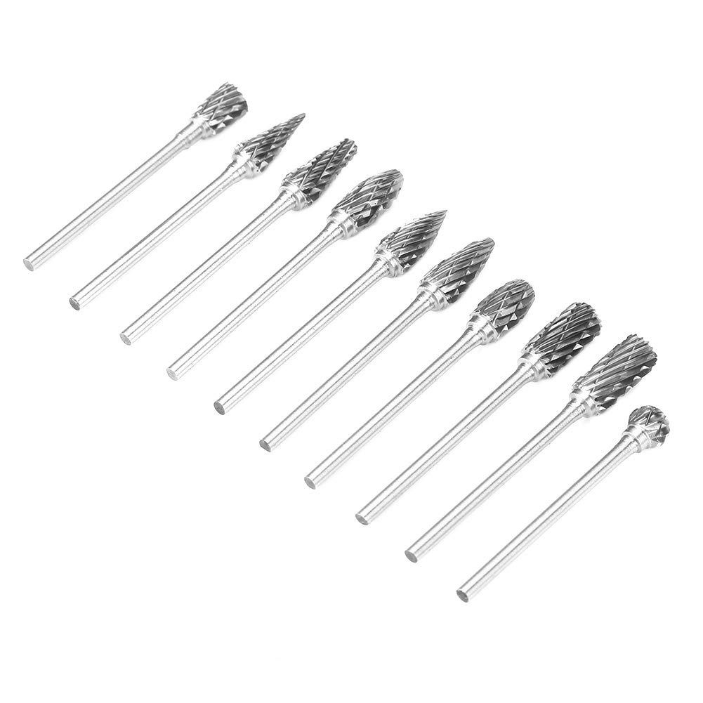 Jeu de 10 fraises en acier, fichiers en acier au carbure de tungstène, fraises rotatives, solide, tige de 2,35 mm / 0,1 pouce pour outils électriques ou pneumatiques, machines-outils