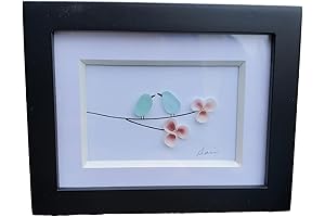 Mini Sea Glass Birds on a Branch Set Against Tiny Pink Shell Flowers