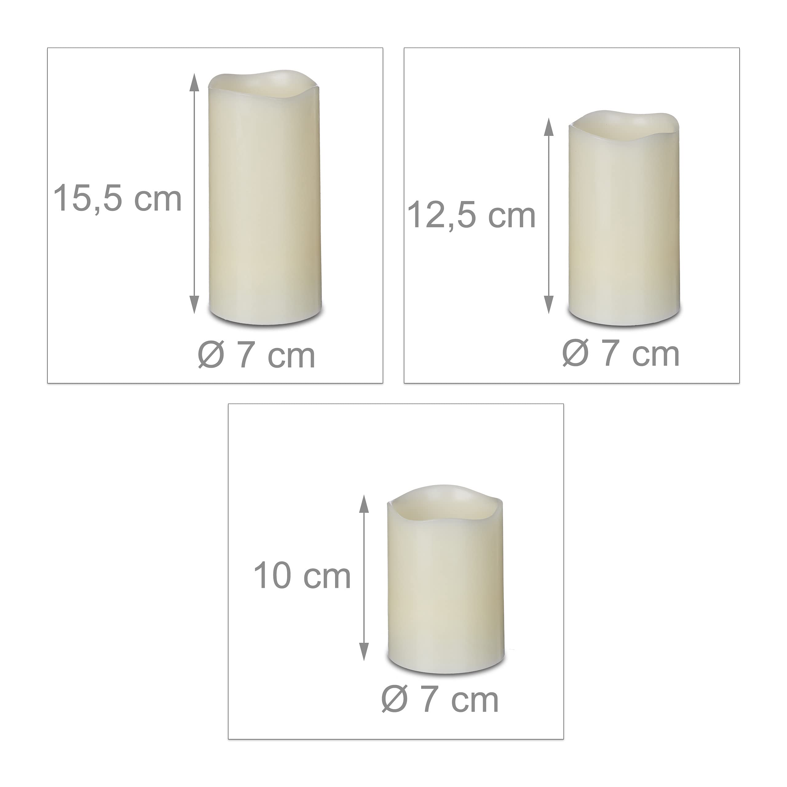 Relaxdays LED Kerzen Echtwachs 3er Set, elektrische Kerzen flackernd, hell, Batteriebetrieben, Ø 7 cm, 3 Größen, Creme