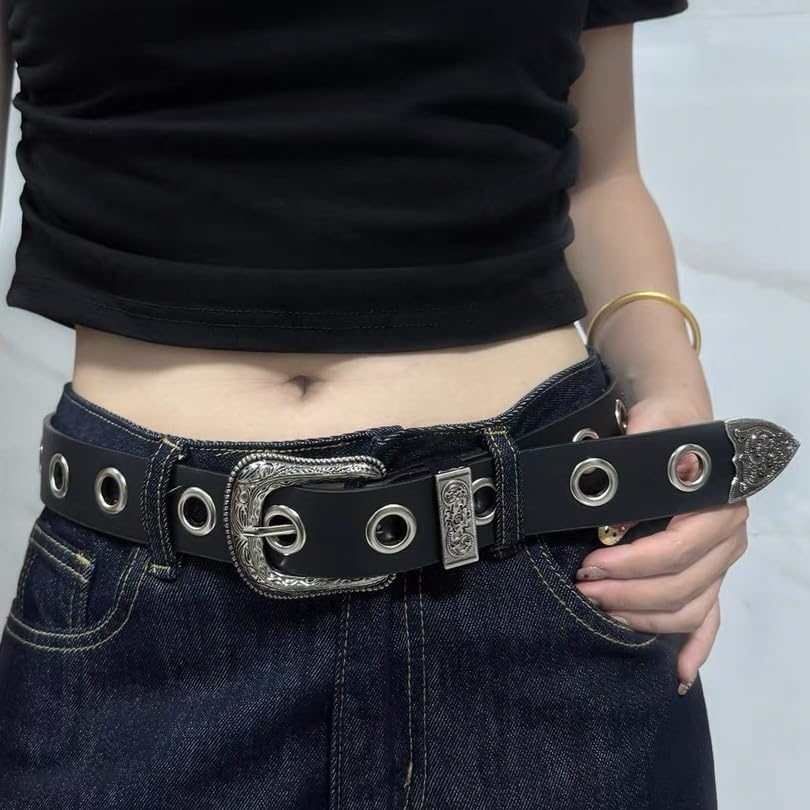 Western Style Leather Belt with Silver Buckle, Black, Metal Grommets, Decorative Tip4