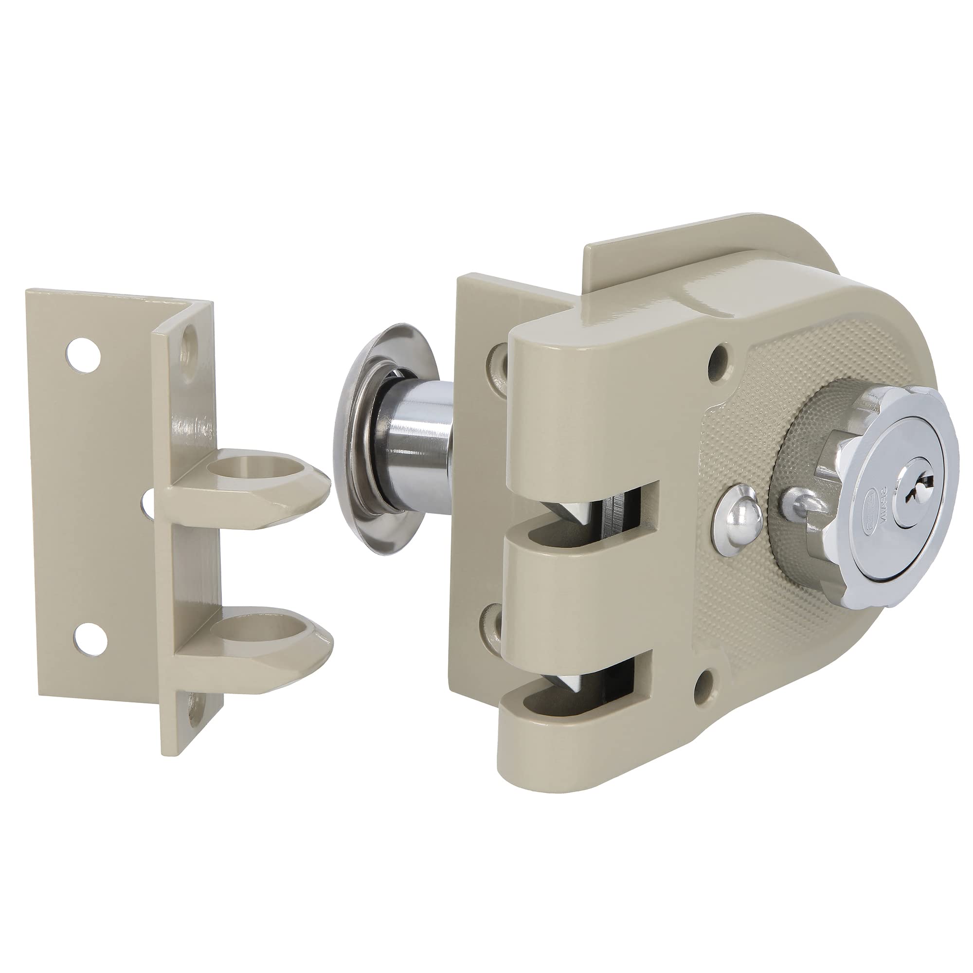 Amig - Aufschraubschloss DIN links mit Schließhebel, Falle und Ziehgriff für Holztüren Mod. 1396-60 mm - Riegel mit Innen- und Außenzylinder - Stahl beige