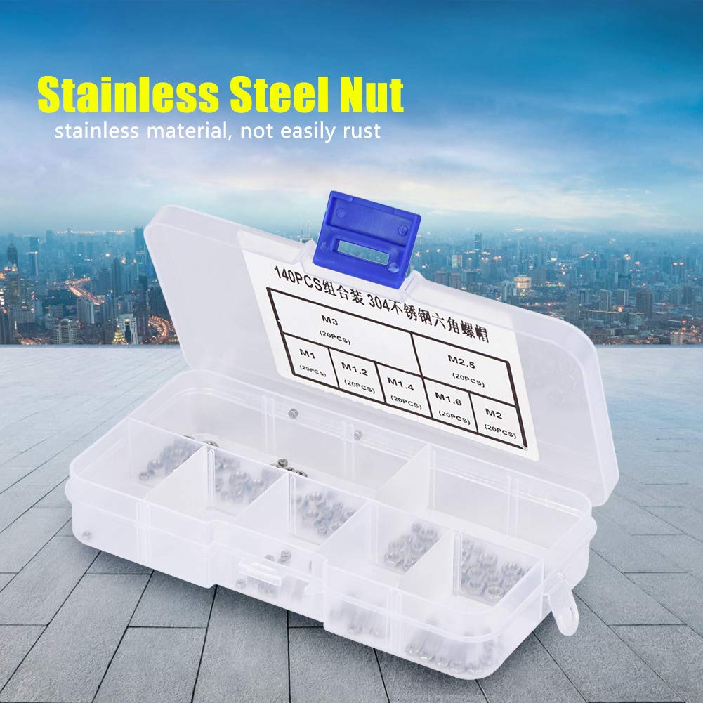 Assortimento Dadi di Bloccaggio, 140 Pezzi M1 M1.2 M1.4 M1.6 M2 M2.5 M3 Kit di Assortimento di Dadi Esagonali in Acciaio Inossidabile con Filettatura per Viti Bulloni di Fissaggio Filettati