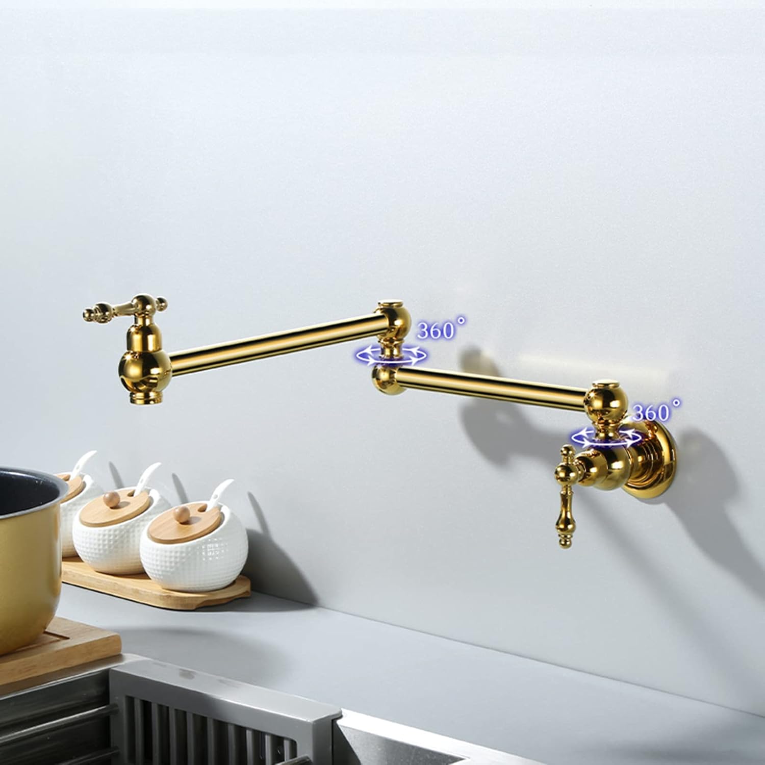 Wall Mounted Pot Filler Faucet Single Cold Foldable Kitchen Brass Swivel Stretchable Sink Hole Dual Switch Double Joint Swing Arm,Gold(Gold)